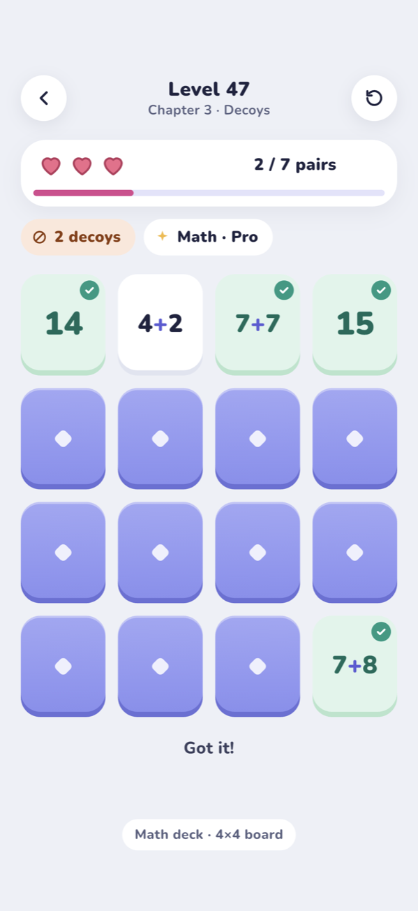 A Math board where 7 + 7 matches 14