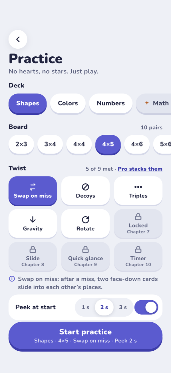 The practice setup with deck, board size and twist